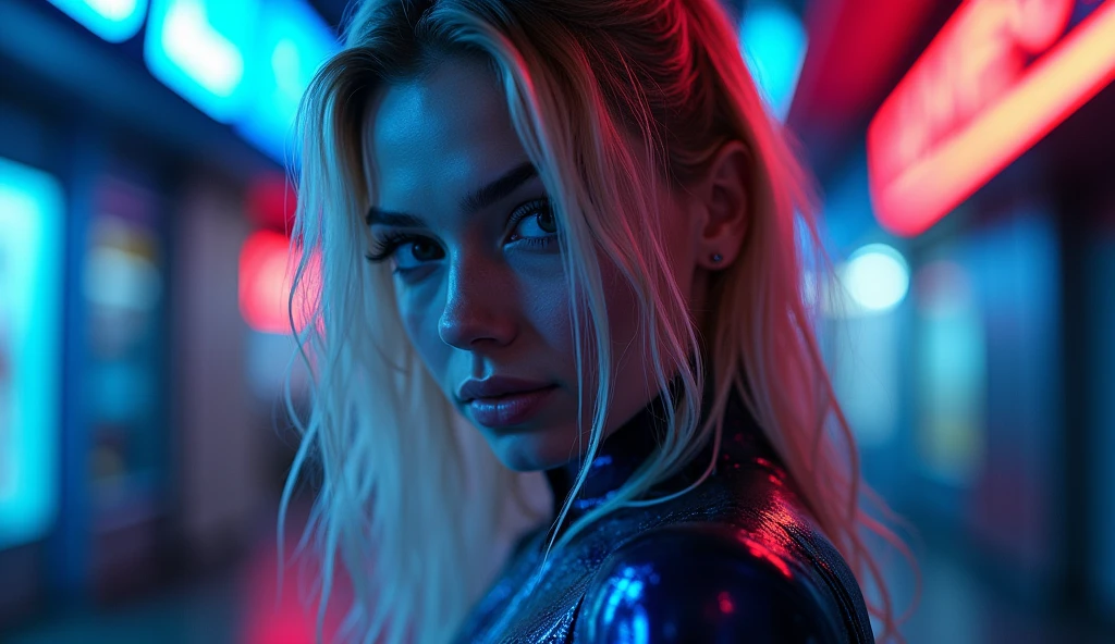 ((best quality)), ((masterpiece)), (detailed), ((background Cyber)), wet look, ((blond long Hair)), ((Intricate detailing, in the night time, Contre-Jour, random neon color, View from afar, random pose, blue latex bodysuit, face focus, hell picture, light face, big boobs)), (face brightly lit), ((full body view)), 8k