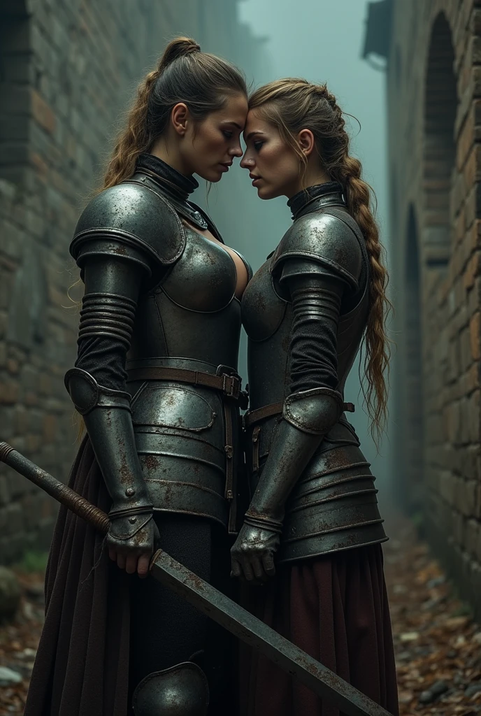 medieval warfare，ruin style，((original photography:1.2, best quality)), photographic art，Extremely detailed, Ultra-precise depiction, Ultra-fine drawing, (tangled、dramatic:1.2), (medieval warfare的氛圍), ((((night)))，Night view，dark，dirty environment，Behind is the wall，dilapidated wall，((ceramic tile、Sewage on the ground:1.2))，2 women, female knight，Dirty long hair，Very detailed face，beautiful face，exquisite eyes， (best quality, Beruca, Gloves), ((Shabby medieval metal armor:1.3)), Very detailed metal armor，Mechanical parts on metal armor，Rag strips, long legs, Very huge cleavage，Long legs，((Bruise on the body))，Two women fighting together，War ruins in the background