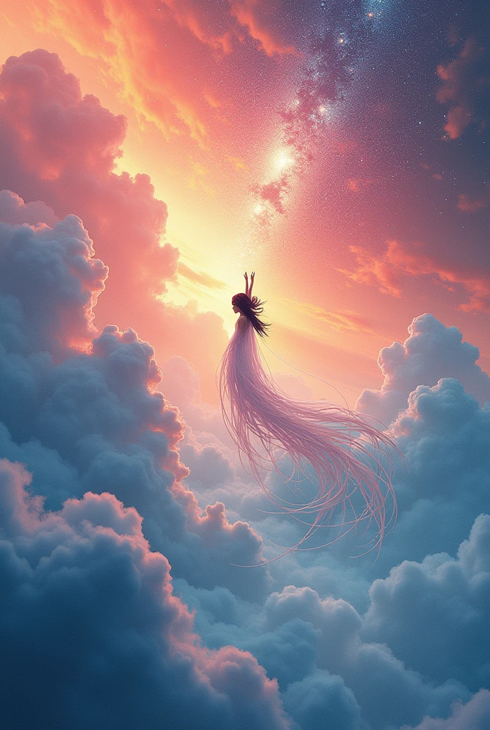 text「Beyond the cloudy sky is a clear day」, Astral, spectrum, Great typography poster, Elegant calligraphy, Simple layout, 魅惑的なtext構成, Dynamic characters, Abstract Geometric Pattern, Vibrant color palette, Soft lighting, High Contrast, visually striking, masterpiece