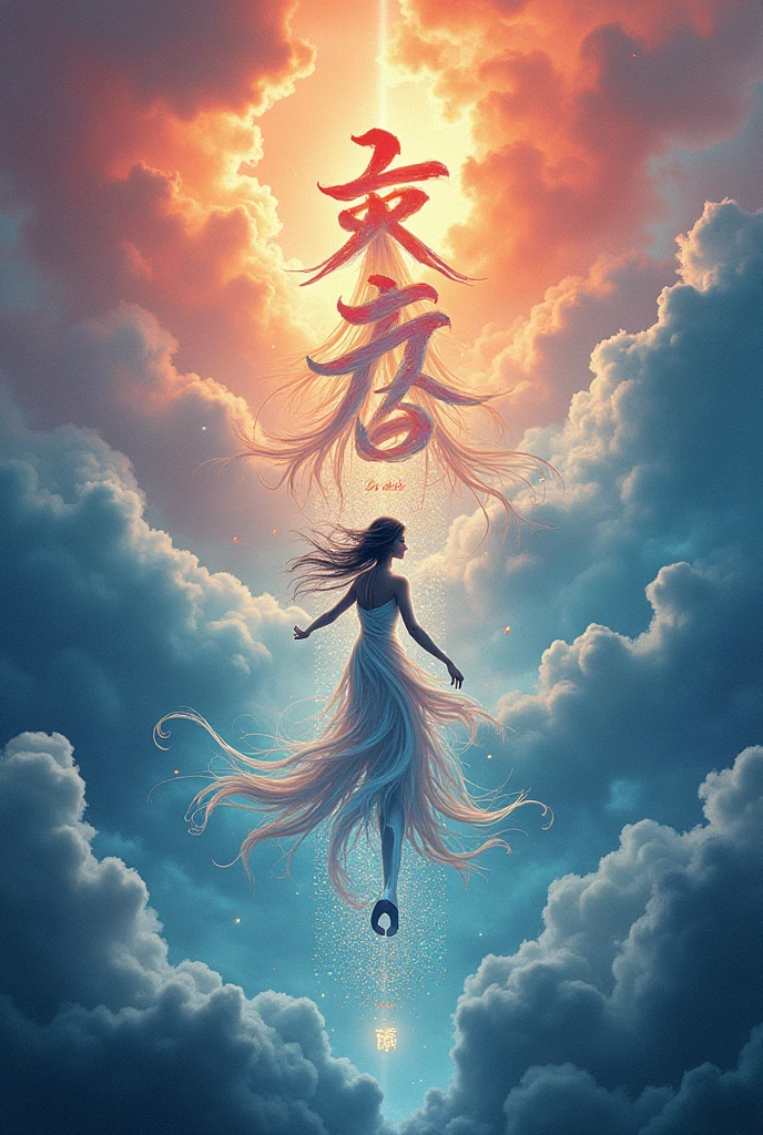 text「Beyond the cloudy sky is a clear day」, Astral, spectrum, Great typography poster, Elegant calligraphy, Simple layout, 魅惑的なtext構成, Dynamic characters, Abstract Geometric Pattern, Vibrant color palette, Soft lighting, High Contrast, visually striking, masterpiece
