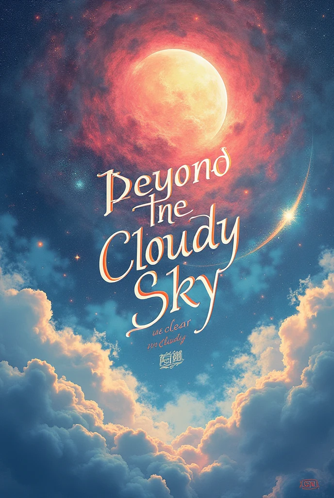 text「Beyond the cloudy sky is a clear day」, Astral, spectrum, Great typography poster, Elegant calligraphy, Simple layout, 魅惑的なtext構成, Dynamic characters, Abstract Geometric Pattern, Vibrant color palette, Soft lighting, High Contrast, visually striking, masterpiece