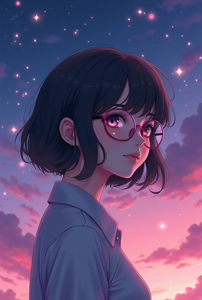 Pink and purple sky wallpaper full of stars with a skinny woman with medium dark brown hair and pink glasses