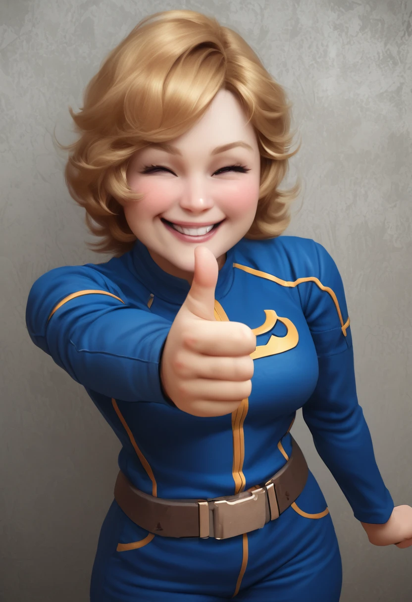 female vault boy from fallout video game franchise, smiling, winking, giving a thumbs up, wearing a blue jumpsuit. Realistic proportions 