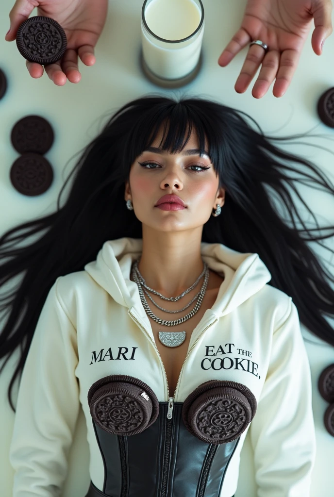a caramel,latina blasian mixed with Latinawomen,extremely long black straight hair wit bangs,wearing a diamond chain that says “ MARII” wearing a white hoodie with Oreo cookies imprint around the hoodie with milk dripping of the cookies in the middle it say " EAT THE COOKIE " with a black gloss corset middle she laying in white ink color milk with Oreos floating around the top she has a glasses of milk standing up in the milk around her hair there also man hands above her pouring milk aerial view