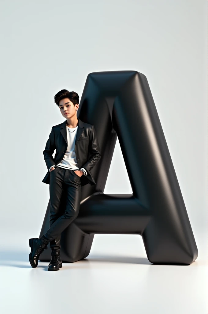@Ariyan Emon:Create an image featuring a large, glossy, “A” 3D letter in the foreground with a boy leaning casually against it. The person should be dressed in stylish, monochromatic clothing and have a confident