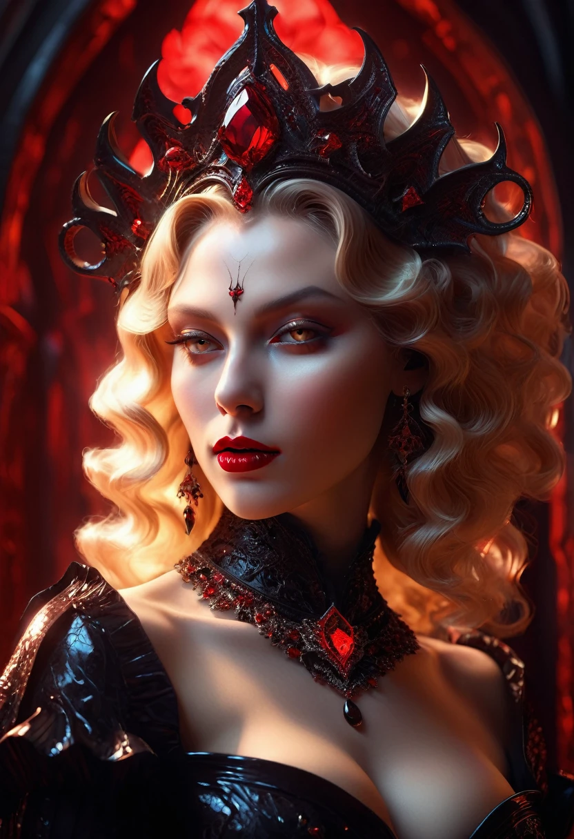 Surrealism, 8k, Award Winning Digital Artwork, ダークファンタジー, dramatic lighting, photo by full body, from sideways, wide-angle, deep-shadows, youthful appearance, extremely high detailed skin, perfect wavy blonde hair, (The sexiest vampire in the world is seducing someone), stunning makeup Closed lips, she is wearing very elaborate clothes with fine prints and glass textures, she exudes irresistible sensuality and sweetness, the viewer is plunged into a dream filled with sexual tension, the scene unfolds in a dungeon dimly lit by a red magical light, black magic rituals, witchcraft, red and olive tones, mysterious red energy, red lighting drama, Bright dark, melancholic atmosphere, film composition.