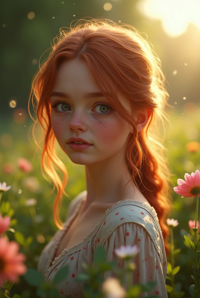 young Maya Hawke, freckles, (extremely detailed CG unity 8k wallpaper, Masterpiece, Best Quality, Ultra-detailed), (better lighting, better shadow, extreamly delicate and beautiful), Flower Garden, Lush greenery, Sun light, flowing through, Depth of field, Warm and welcoming atmosphere. Octane Render, UHD, Nikon D3X, HTF, ISO200, f/2.8,70mm, 8K