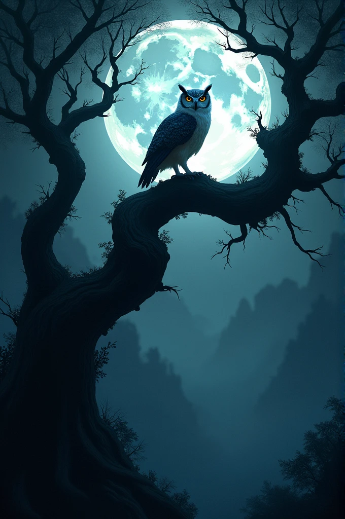 Image of an owl at night on top of a tree with a full moon in the background