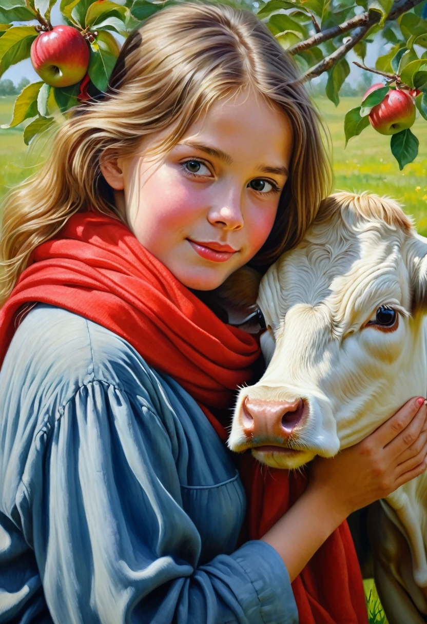 image of a  in a red scarf and a cow under an apple tree, the girl pressed her cheek to the cow, hugging the cow with her hands, Igor Grabar, traditional art, Mari Bashkirtseva, ultra humorous oil painting, Dechko Uzunov, beautiful art, oil painting, pastel, realistic picture of a cute girl, beautiful painting, Mikhail Lebedev, beautiful painting, beautiful painting, Mikhail Lebedev, realistic picture of a cute girl.