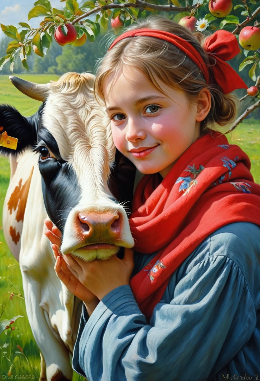 image of a in a red scarf and a cow under an apple tree, the girl pressed her cheek to the cow, hugging the cow with her hands, Igor Grabar, traditional art, Mari Bashkirtseva, ultra humorous oil painting, Dechko Uzunov, beautiful art, oil painting, pastel, realistic picture of a cute girl, beautiful painting, Mikhail Lebedev, beautiful painting, beautiful painting, Mikhail Lebedev, realistic picture of a cute girl.