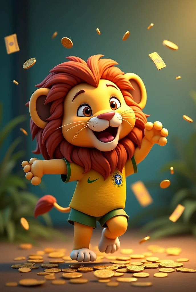 happy little lion, rain of money falling little lion with big mane, Pixar Lion, animation style, earning coins, notes on the floor, little lion jumping, happy little lion, little lion with brazilian shirt, Brazilian jersey, extremely happy little lion, even happier, coins falling big coins, small coins, rain of money, digital background, cryptocurrency fund