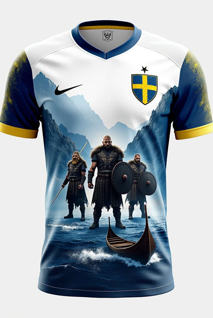 create a white swedish team shirt with vikings and blue and yellow details