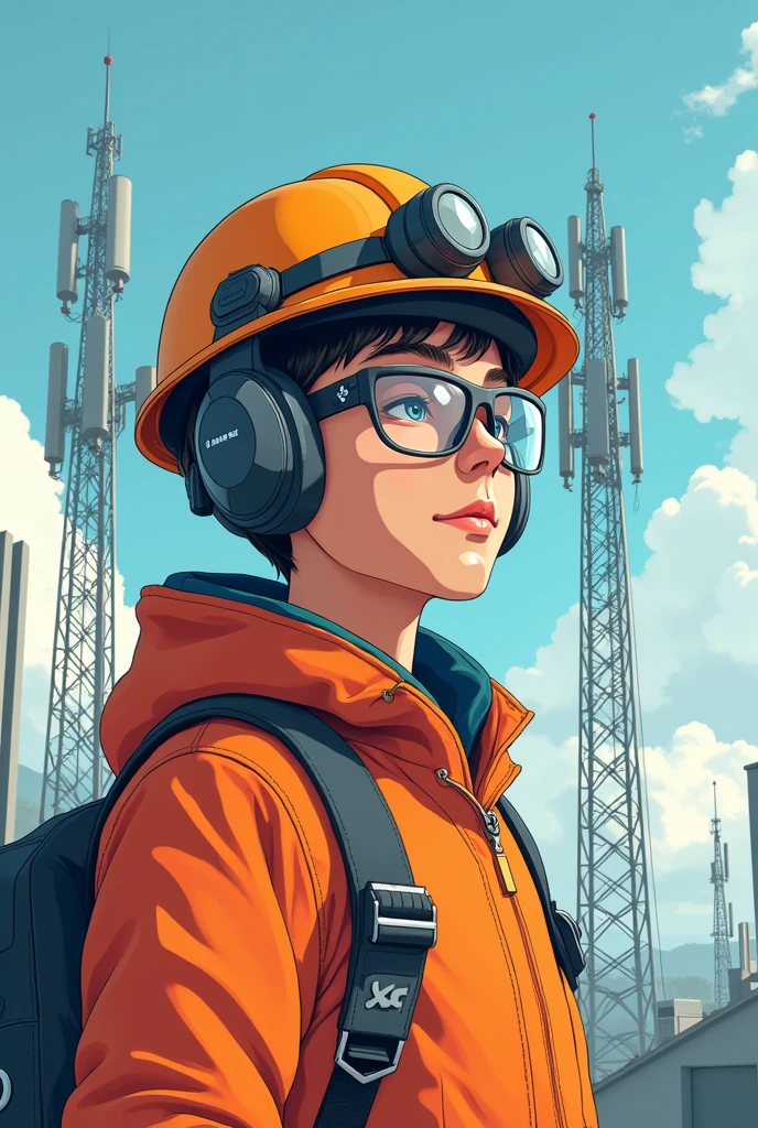 Cree une image d'un garcon en dessin anime,portant une lunette et un casque de protection,supposons qu'elle est un ingenieur en telecommunication,le fond de l'image est des BTS