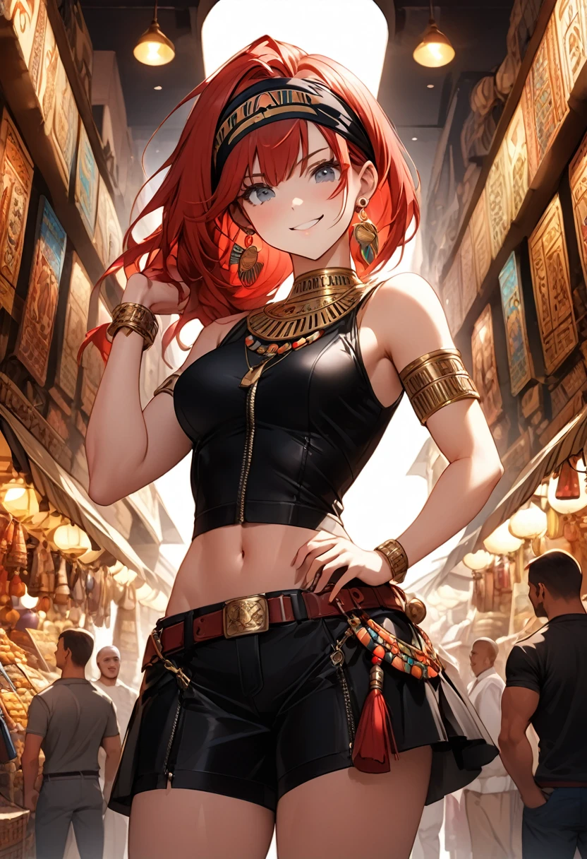 ((best quality))), ((theme: Egyptian bazaar)), wide angle, ((Ultra precision)) European woman, 1girl, grey eyes ((lustrous)), red horse ears, long red hair; ponytail, long bangs down shoulder ((red hair)), athletic physique, womanly face, Plated bandana over forehead; dangling with cerulean accessories, large oval earrings, leather zip-up jacket hanging over shoulders, crop top with midriff, short-shorts, silk skirt clipped to the hip, ceremonial dagger at the belt, hand on hip (ultra detailed face 1.5), smug pout, cinematic lighting, perfect anatomy, toward viewer ((professional illustration)) 