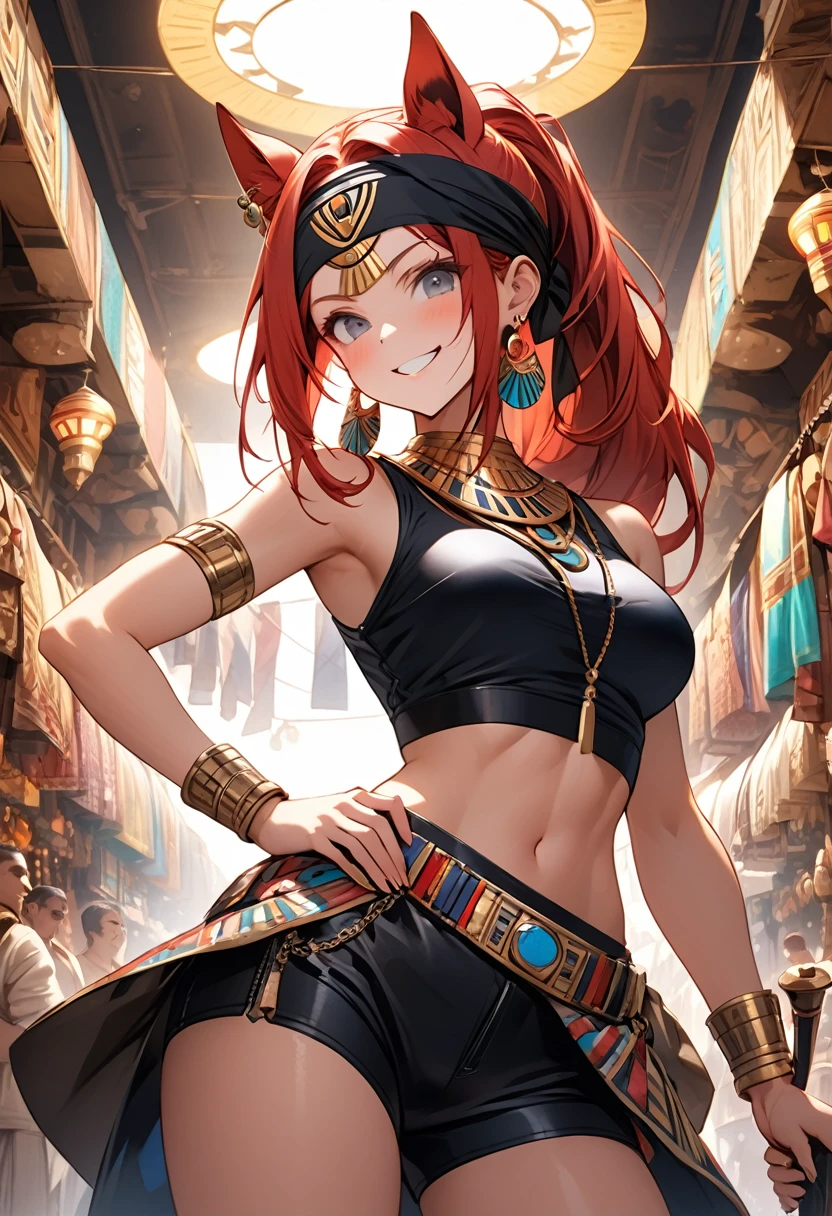 ((best quality))), ((theme: Egyptian bazaar)), wide angle, ((Ultra precision)) European woman, 1girl, grey eyes ((lustrous)), red horse ears, long red hair; ponytail, long bangs down shoulder ((red hair)), athletic physique, womanly face, Plated bandana over forehead; dangling with cerulean accessories, large oval earrings, leather zip-up jacket hanging over shoulders, crop top with midriff, short-shorts, silk skirt clipped to the hip, ceremonial dagger at the belt, hand on hip (ultra detailed face 1.5), smug pout, cinematic lighting, perfect anatomy, toward viewer ((professional illustration)) 