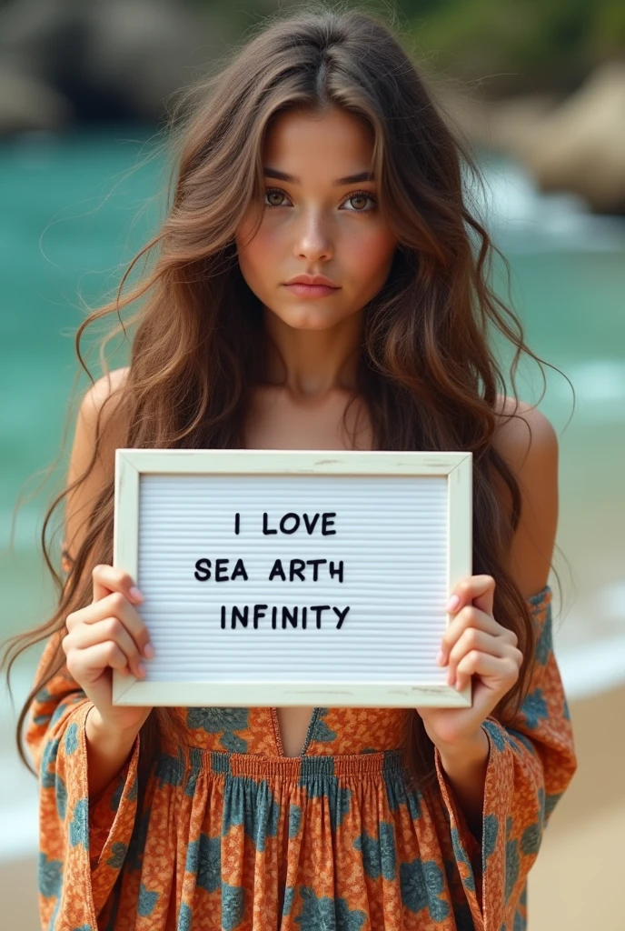 Beautiful girl with wavy long hair, bohemian dress, holding a white board with text "I Love Seaart Infinity" and showing it to the viewer