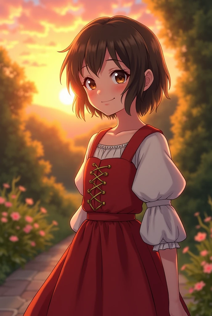 , 10 years old, looking at the camera with a slight smile. Her hair is short to her shoulders and she is wearing a red and white dress from medieval times. The background is a beautiful garden at sunset with the sun setting. Setting: Medieval era [Drawing style: Realistic anime]