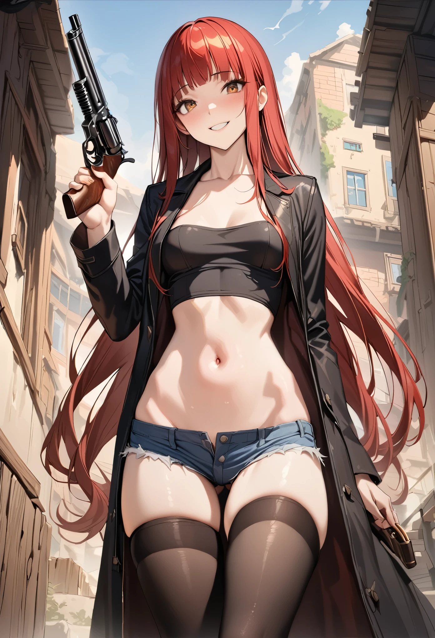 ((masterpiece,best quality anime,Highest quality:1.3)),realistic,cowboy shot,(25 year old beauty), gunslinger ,1woman,独奏,((very small head:1.4)),((very long body:1.3)),red hair,bangs,straight long hair,gorgeous big eyes,brown eyes,smile,smile,(Black long coat、Inner black collared shirt,navel、denim micro shorts、black_thighhighs),((slender body:1.3,skinny)),small breasts,gleaming skin,shiny skin,Holding a gun in hand、revolver、standing,wilderness、sunny、The World of Westerns、