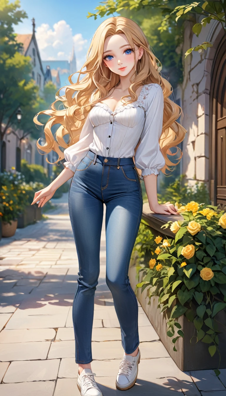 ((best quality, masterpiece:1.3, 8K)), (detailed), highly detailed face and skin texture, detailed eyes, full body, outdoor, (slender body:1.1), 1girl, (solo), (18+ years old), white skin, bright lips, seductive smile, long hair, forehead, blonde hair, wavy hair, romantic outfit, medium breast, (jeans pants),