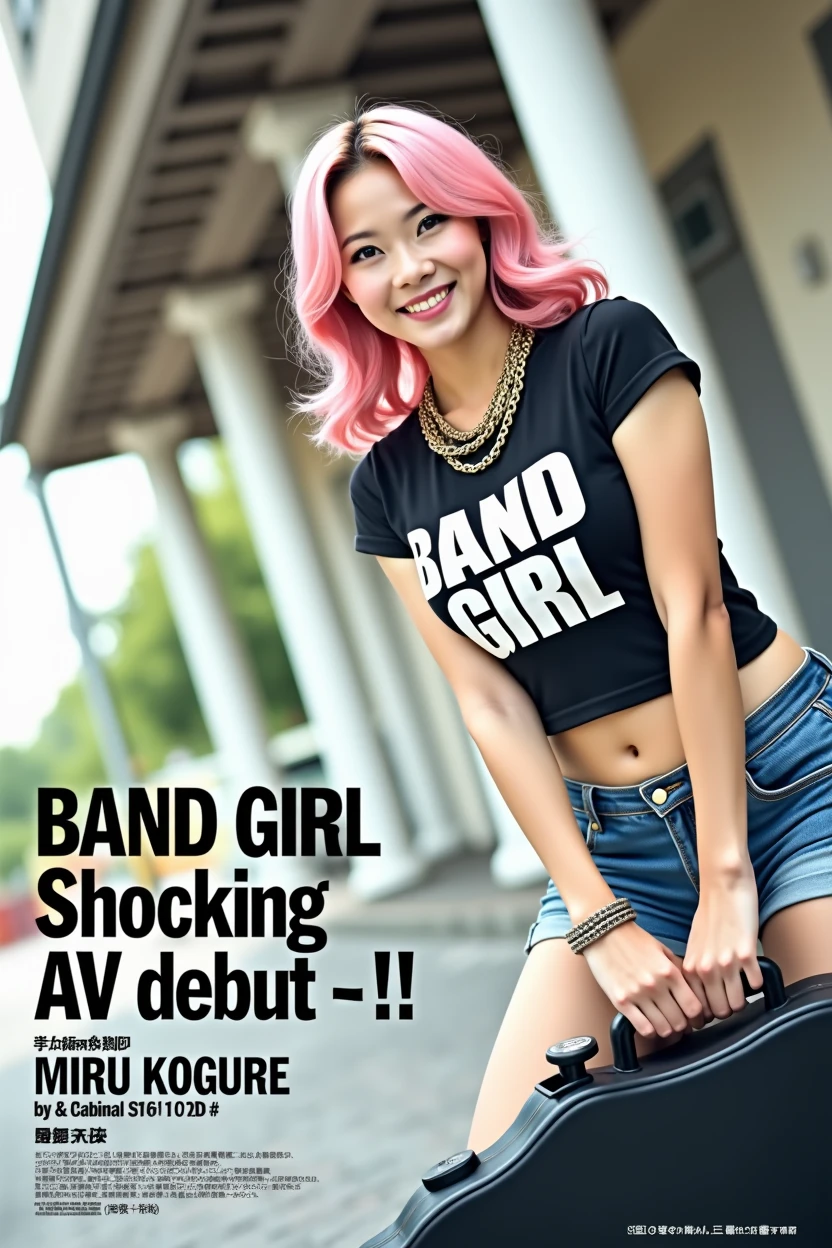 (((A little chubby, , big buttocks)))man's ridiculously large breasts change, slerves, big , big breasts, big , super bman, whip-smacking body)))), adult video poster layout, text on screen: "BAND GIRL Shocking AV debut!! ★ MIRU KOGURE ",(((Japanese woman with large black guitar case)))), 26 year old adult woman wearing black crew neck top with large English letters on her chest and short blue jeans posing for a photo shoot, big breasted female porn actor, dynamic pock music magaziodel pose,. Japanese female fashion model, (((very bright pink hair))), happy expression, thick chain accessories on neck and arms, (((in front of Asakusa strip theater))), pure beautiful smile, intelligent face, slender curves, large breasts, wearing black t-shirt, small leather jearing black T-shirt, very small leather jacket, denim shorts, (((extreme low angle))), null, Bill, holding black guitar case with guitar strap, (((DVD mark, Blu-ray mark))).