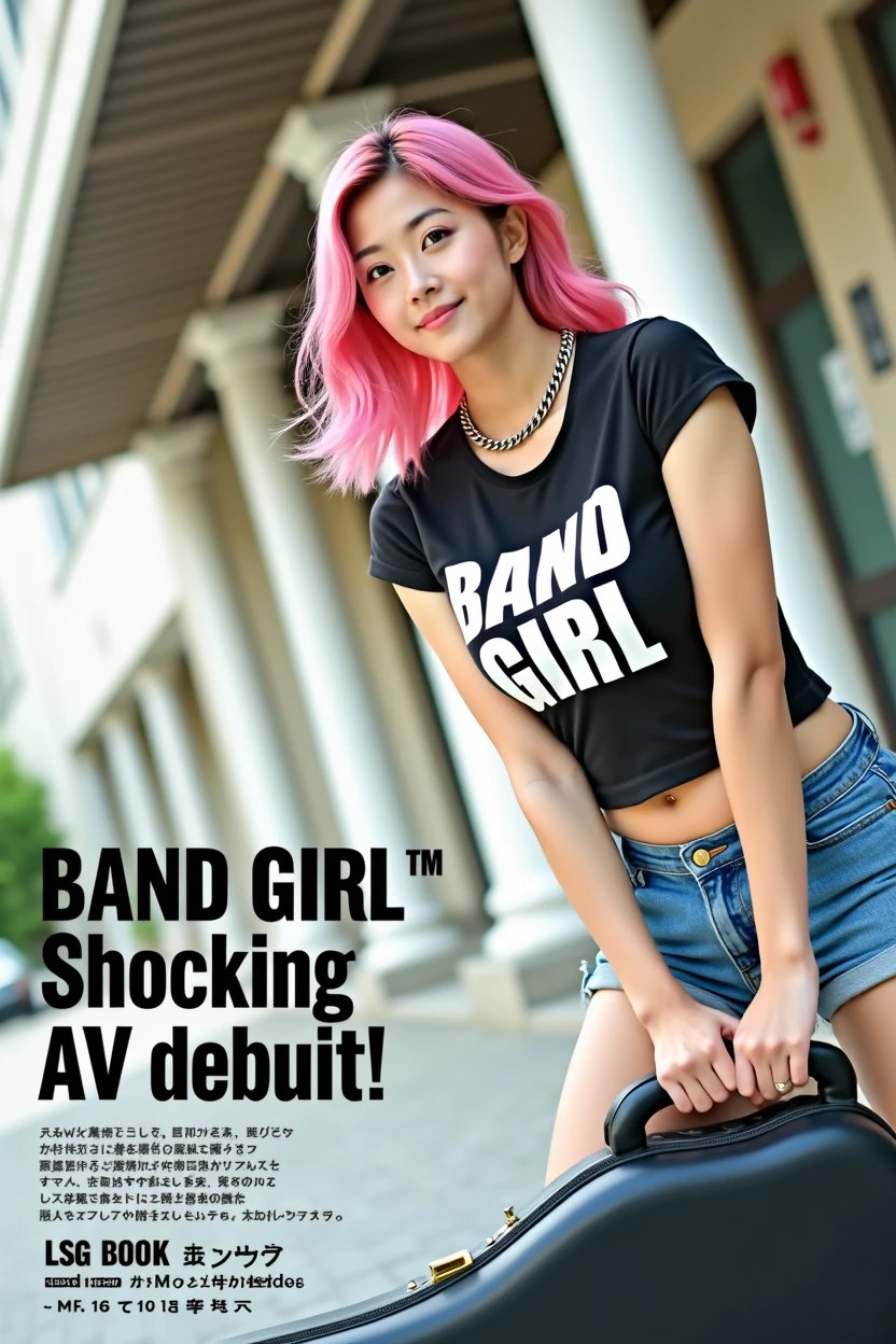 (((A little chubby, big breasts, big buttocks))), ((((Woman's ridiculously large breasts change, slender curves, big , big breasts, big , super beautiful woman, whip-smacking body)))), adult video poster layout, text on screen: "BAND GIRL Shocking AV debut!! ★ MIRU KOGURE ",(((Japanese woman with large black guitar case)))), 26 year old adult woman wearing black crew neck top with large English letters on her chest and short blue jeans posing for a photo shoot, big breasted female porn actor, dynamic pose, rock music magazine model pose,. Japanese female fashion model, (((very bright pink hair))), happy expression, thick chain accessories on neck and arms, (((in front of Asakusa strip theater))), pure beautiful smile, intelligent face, slender curves, large breasts, wearing black t-shirt, small leather jacket Wearing black T-shirt, very small leather jacket, denim shorts, (((extreme low angle))), null, Bill, holding black guitar case with guitar strap, (((DVD mark, Blu-ray mark))).