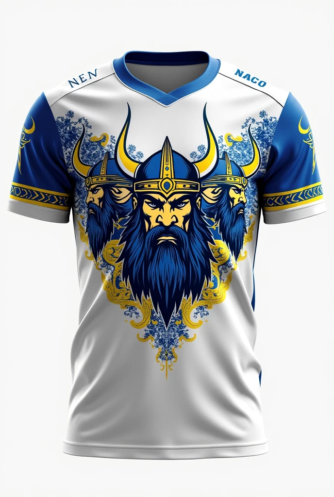 create a white swedish team shirt with vikings and blue and yellow details 