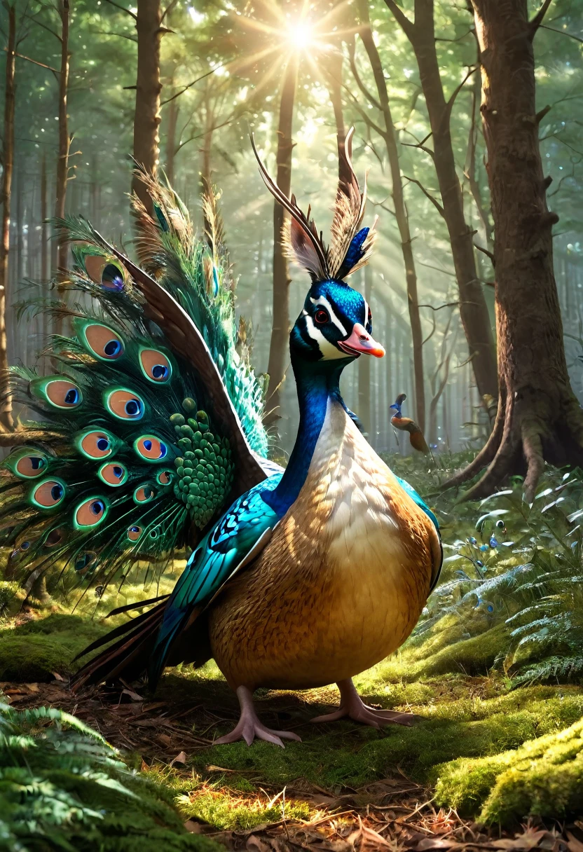 a surreal Wolpertinger, Hybrid creature made of duck, Peacock and mouse in a forest clearing, (best quality,4K,8k,highres,masterpiece:1.2),Ultra-detail,(Realists,photoRealists,photo-Realists:1.37),elaborate details,cinematic lighting,The Fantasy,Digital Drawing,surreal,Very detailed,Film composition,keen focus,photoRealists,hyperRealists,mystical,Ethereal,fantastic,exhilarated,noticeable,dream-like,conceptual,imaginative