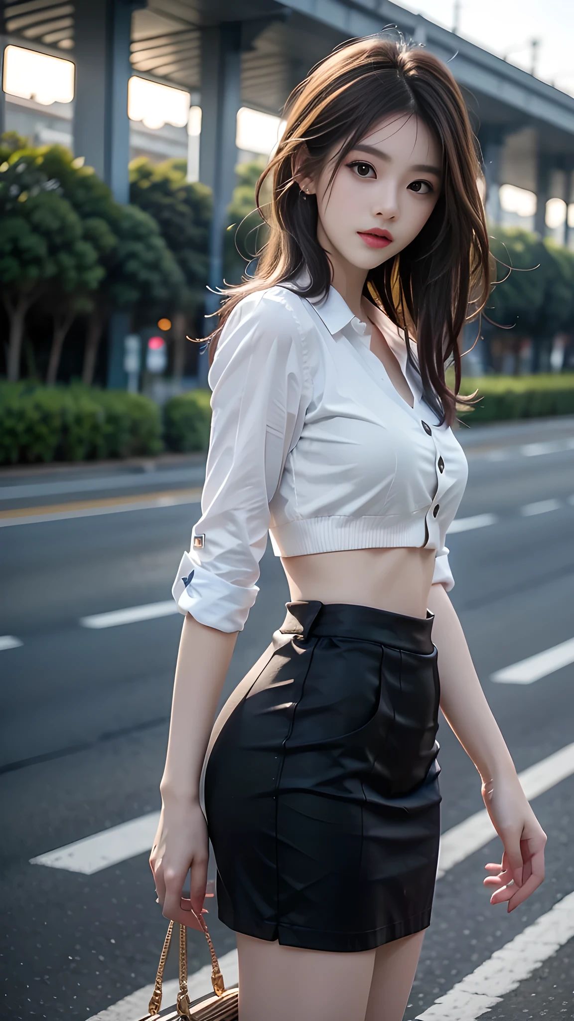 ulzzang-6500-v1.1, (RAW photo: 1.2), (Real photo), (Real photo: 1.4), 1 girl、Perfect anatomy、19 years old、Looking at the camera、Medium length hair, On the highway, the road is empty, the sky is at dusk and the moon and stars have begun to appear, ((on the highway: 1.1)), (clothes: 1.2), (Business service)、Asian eyes Ella,