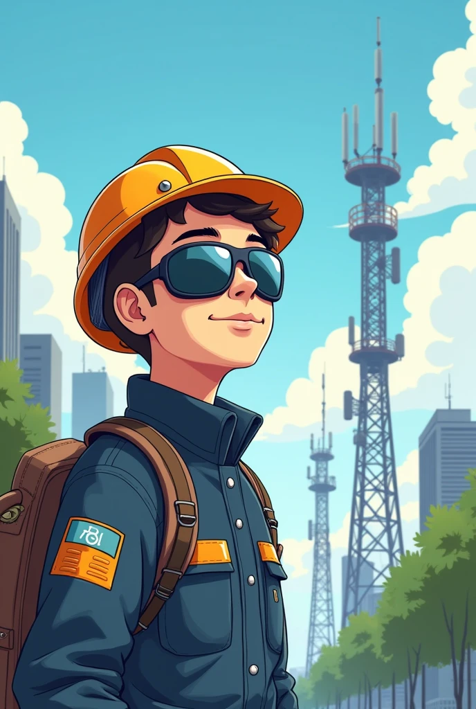 Cree une image d'un garcon en dessin anime,portant une lunette et un casque de protection,supposons qu'elle est un ingenieur en telecommunication,le fond de l'image est des BTS,format:paysage