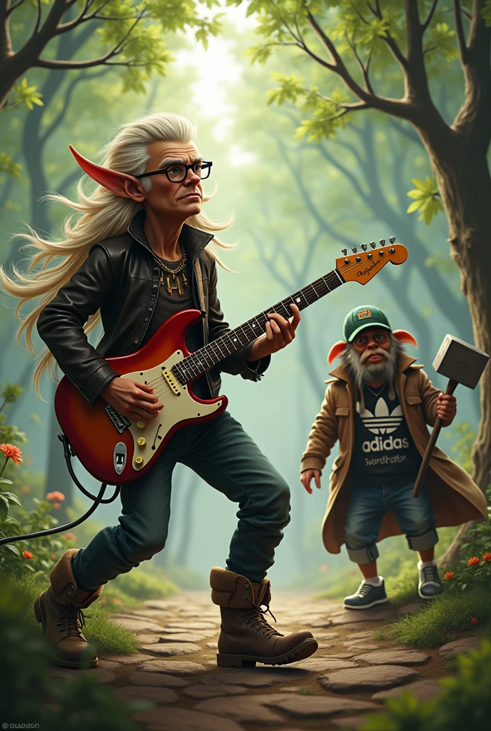 elf in a leather jacket with long hair, glasses and an electric guitar. blunt, fat goblin in adidas and a cap , who looks like a thug.  healthy, a pumped-up gnome in a coat with a hammer walks through the forest 