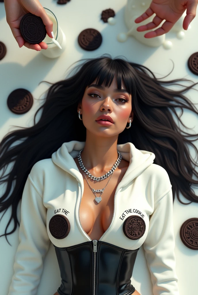 a caramel,latina blasian mixed with Latinawomen,extremely long black straight hair wit bangs,wearing a diamond chain that says “ MARII” wearing a white hoodie with Oreo cookies imprint around the hoodie with milk dripping of the cookies in the middle it say " EAT THE COOKIE " with a black gloss corset middle she laying in white ink color milk with Oreos floating around the top she has a glasses of milk standing up in the milk around her hair there also man hands above her pouring milk aerial view