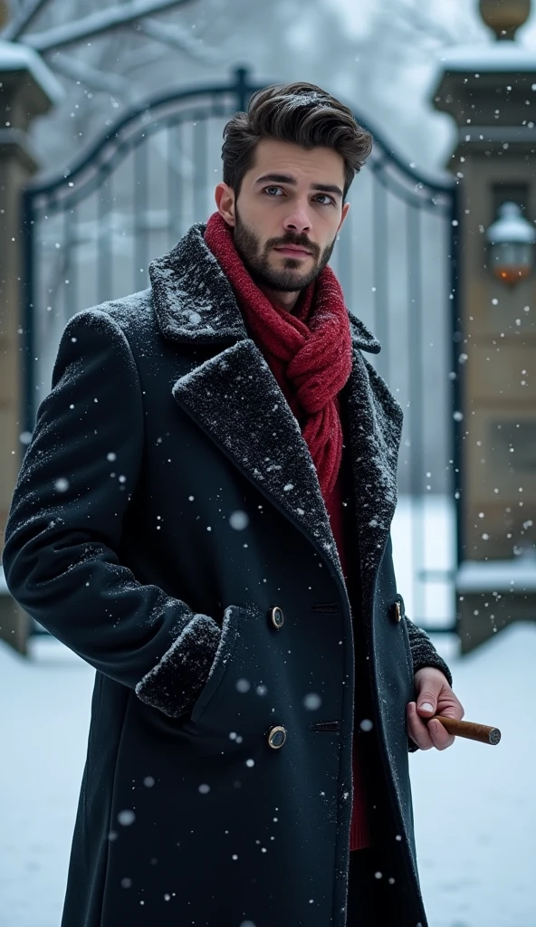 A 21-year-old young rich man with a small beard and big mustache. He is wearing a very lush pent coat and a red muffler wrapped around his neck. He holds a cigar in his hand. The man is standing near a grand mansion gate surrounded by snow and ice. The ground is covered in snow, and the air is filled with heavy snowfall. The dark, cold night adds to the icy atmosphere, with the wind howling around him.
