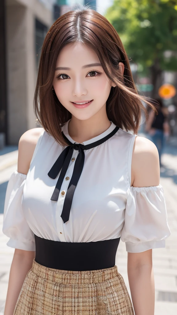(masterpiece),((Highest quality)(Beautiful adult woman portrait),Eye for perfect detail、Face with perfect detail、Very elaborate nose、White blouse、black pants,Perfect Teeth、Expose your shoulders,charm、Perfect Face, Dimples on cheeks、short hair、Written boundary depth、High resolution,(Realistic skin texture),(Well-groomed hands),lamella、Chestnut Hair,Floating multicolored hair,Tight waist,Ample Bust、scene、whole body、City Walk、smile, Gaze, Heart symbol、