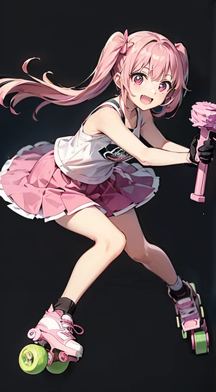 Highest quality、((Dark brown long hair、Two Side Up))、(((Pink Roller Blades、Protector set)))、A cute and cheerful middle school girl with a smile、Round droopy eyes