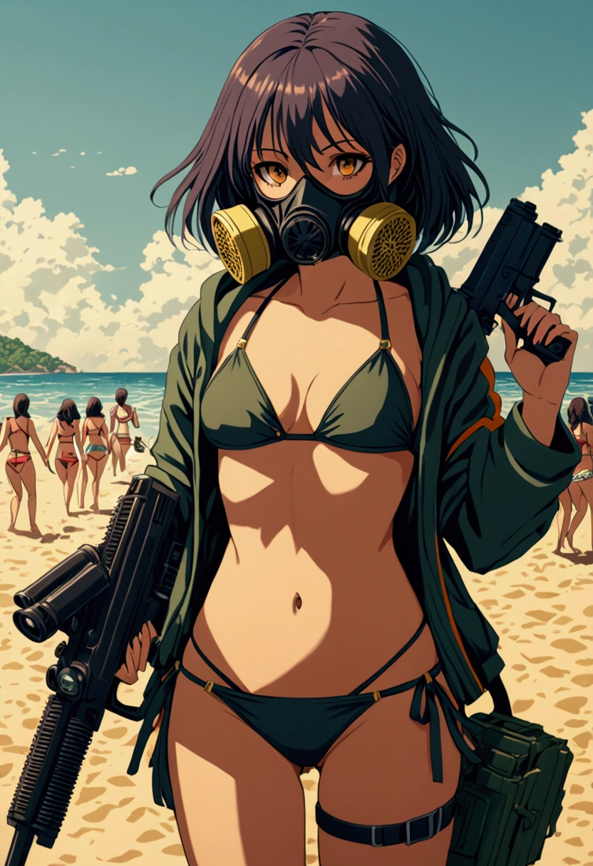 A girl in a bikini, with a gas mask, holding a machine gun