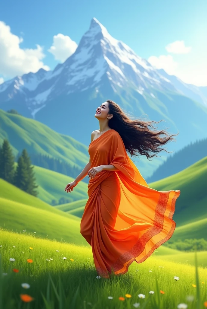 A beautiful girl wearing sari is running on the grass in front of green mountains and laughing happily