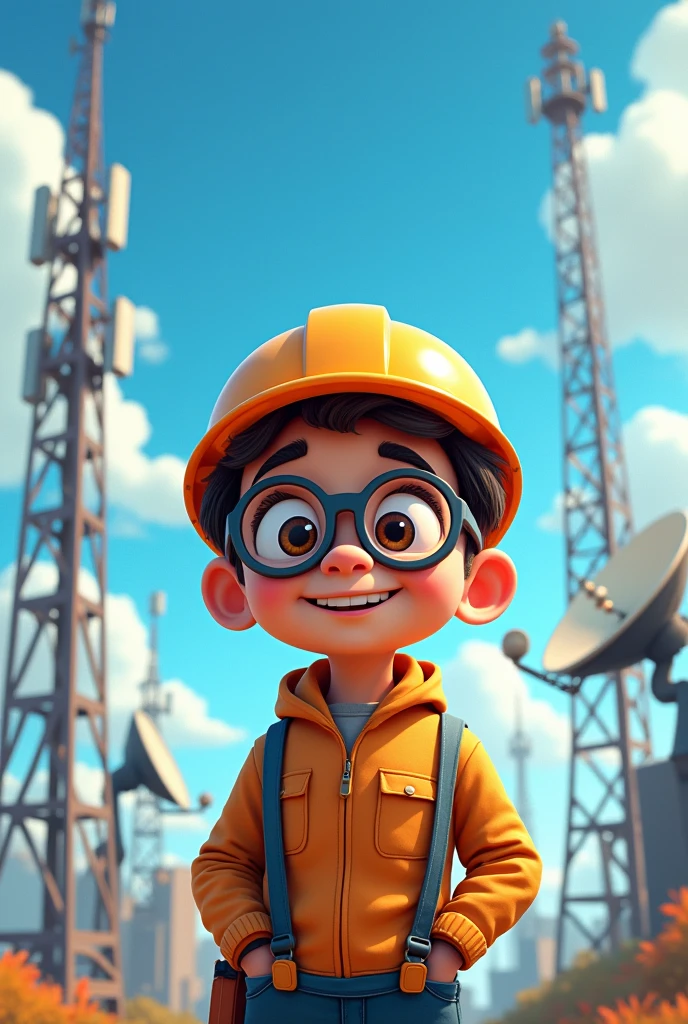 Cree une image d'un garcon en dessin anime,portant une lunette et un casque de protection,supposons qu'elle est un ingenieur en telecommunication,le fond de l'image est des BTS,format:paysage