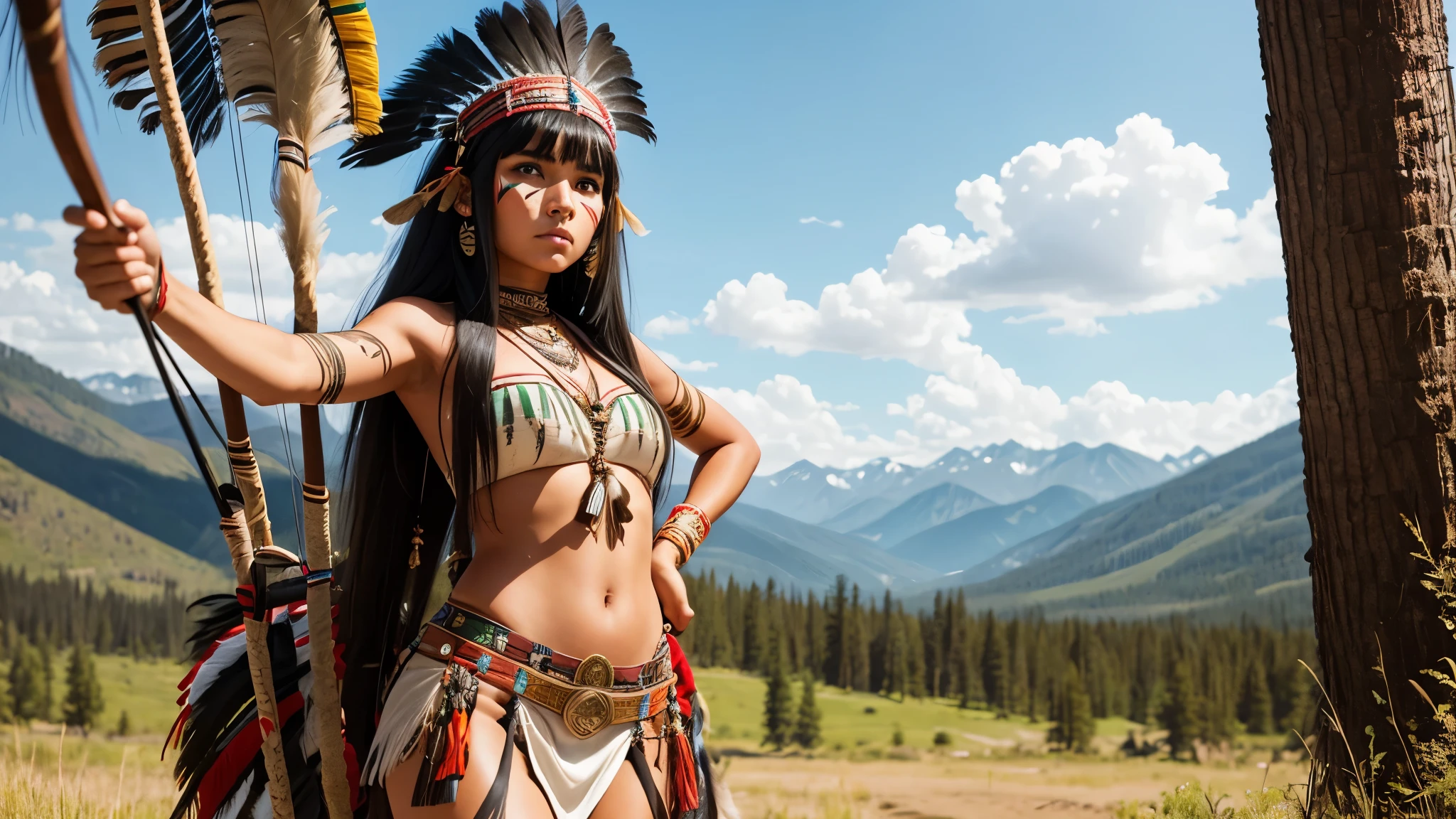 indigenous girl -HD photo - sexy photo -indigenous warrior- full body photo- beautiful legs- forest- high detailed- perfect face- straight black hair- straight bangs -snake- war paint- feather headdress- feathers- 18 years old- bow and arrow- horse- wind- cowboy