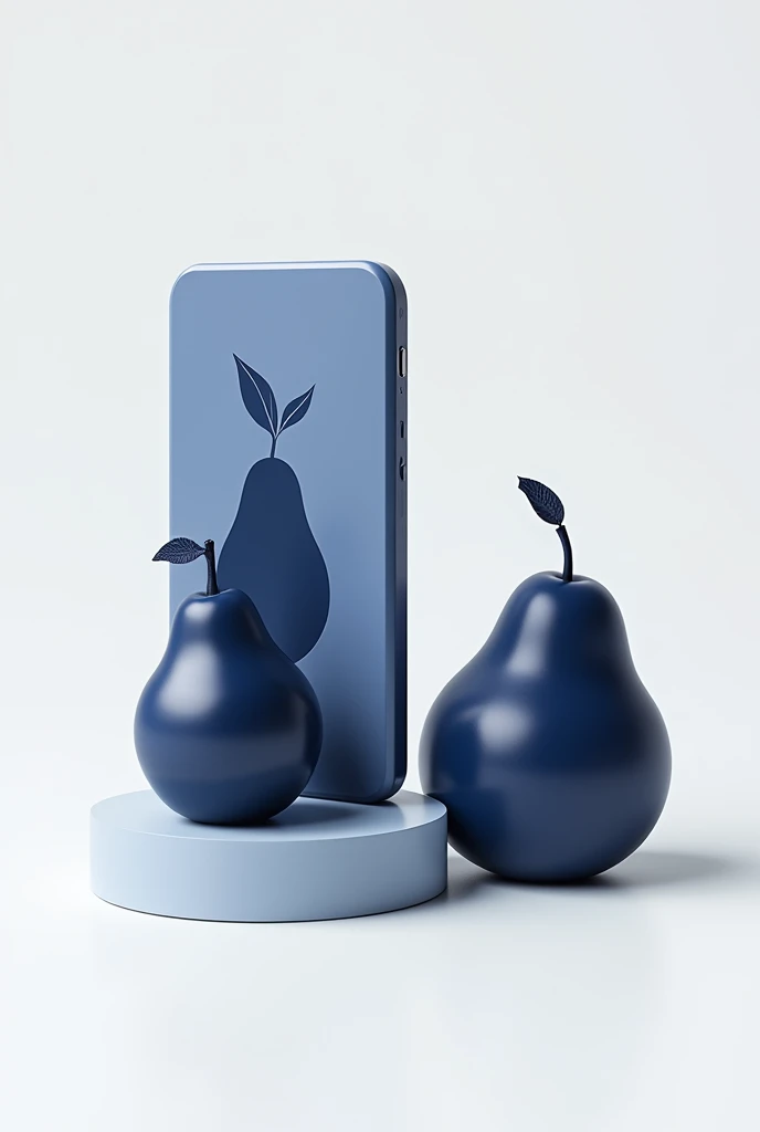 A navy blue cell phone with a navy blue pear drawn on the back, next to a royal navy blue pear with a bite. The background is white and clean, highlighting the objects.