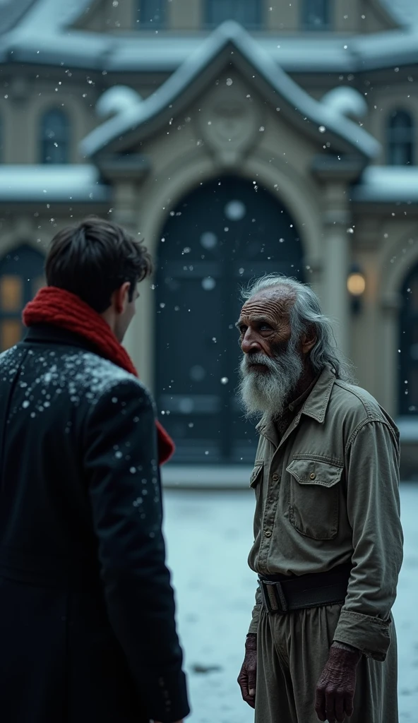 An extremely poor old man with black oil marks on his dirty face and unmaintained beard stands near a grand mansion gate. His hair and nails are very dirty, and he wears a torn plain single shirt that barely covers his frail body. The young rich man, dressed in a lush pent coat with a red muffler, approaches the old man. The night is dark and cold, with heavy snowfall covering the ground around them.