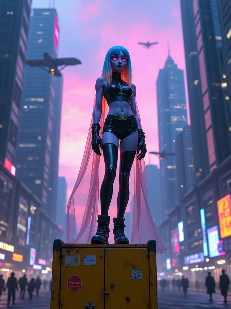 "description": "A futuristic scene in a city at dusk, precisely at 5 pm, with tall skyscrapers of modern architecture and neon lights beginning to illuminate the streets. Flying vehicles soar through the sky, and pedestrians in technological clothing walk along the sidewalks. In the center of the scene, an alien female who appears human is standing on a yellow, rusted metal container. Despite being 60 Earth years old, in her species, she looks like a 16-year-old human girl. She has one lilac eye and the other red, with long, straight hair that starts blue at the roots and turns orange at the ends. She is 150 cm tall.",
  "details": {
    "appearance": "The alien has a figure with large breasts and hips, and she wears only a nearly transparent veil of fabric that lightly covers her body, while her hands are protected by tactical gloves, and she wears boots. Her species breathes through the skin, so she cannot cover it entirely. Her posture exudes confidence in this cyberpunk and slightly dystopian environment.",
    "camera_position": "The camera is positioned 50 cm away from her and just 10 cm off the ground, capturing the scene from a low angle that emphasizes the magnitude of the city behind her and her presence in the environment. The sky is partly cloudy, with purple and blue tones, as the city around her seems to come alive in the golden hour."
  }