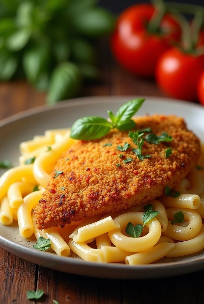 Photo for a restaurant menu of pasta with breaded chicken fillet