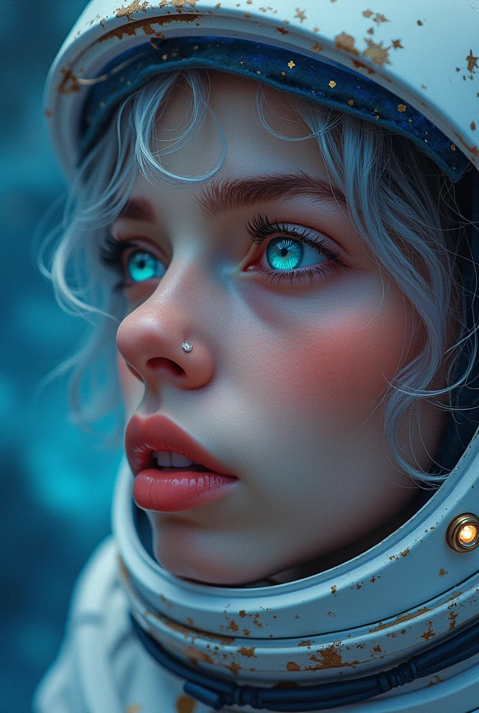 (Close-up of a better masterpiece:1.5)0.9], (Space and astronauts:1.2) (Messy silver hair:1.1) (Heterochromia xanthochromia and blue eyes:1.2) (Space Helmet:1.0) (Colored stars in the eyes:1.0) (A radiant glow:1.1) (thick lips:0.9)