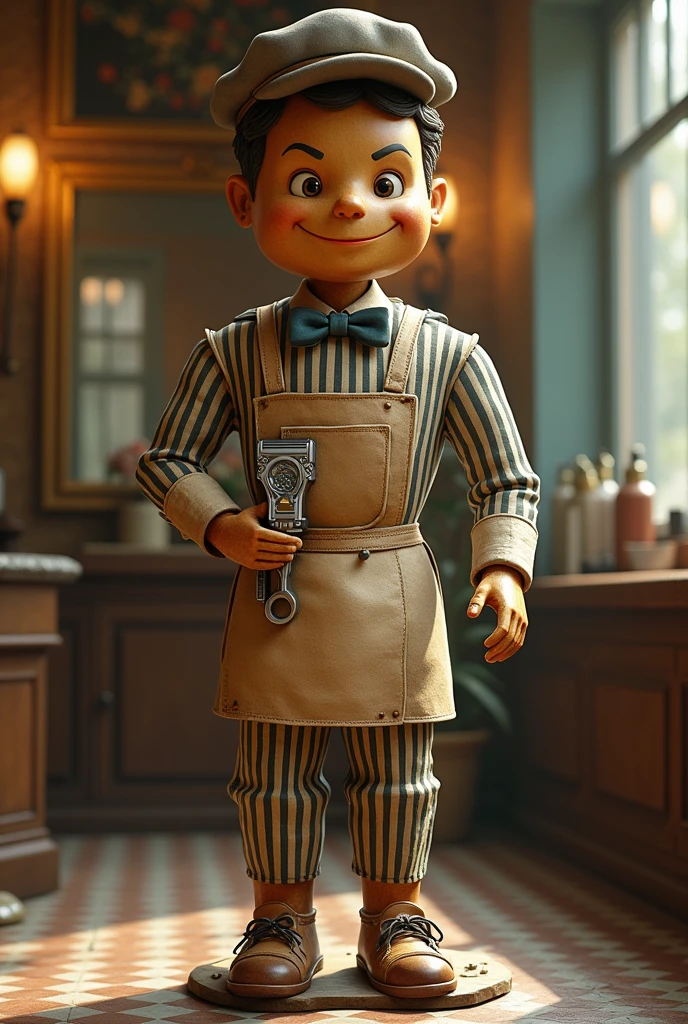 Give me a drawing doll that has a barbershop machine in his hand for barbershop design