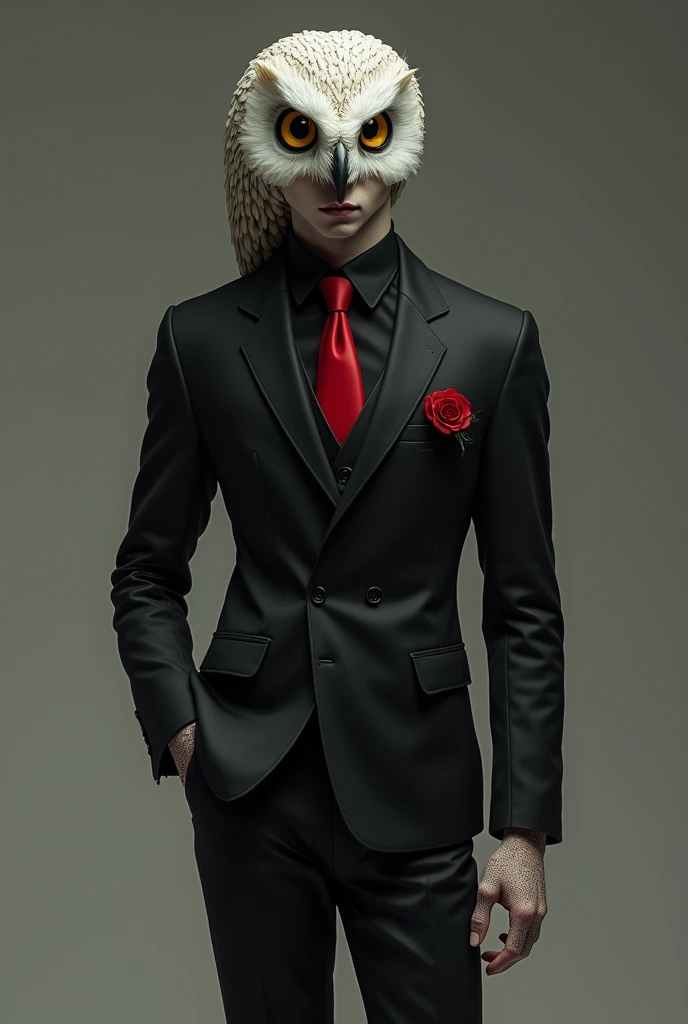 Generates an image of a 24 year old Demi-human man in a black suit and red tie with pupils like an owl, His suit has some of his feathers, Her legs are normal up to her heels, where owl claws are seen