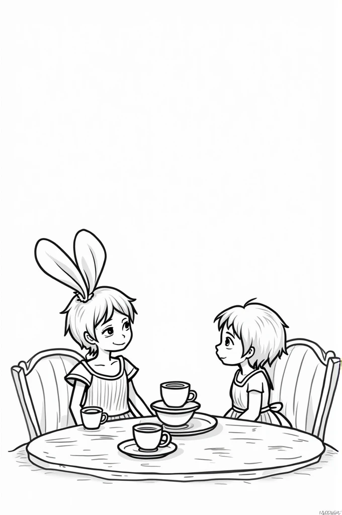I want a SIMPLE and EASY drawing with just lines, focused on the theme "Tea in Wonderland." The drawing should be CLEAN, with minimal details and not too many elements, making it EASY to color.