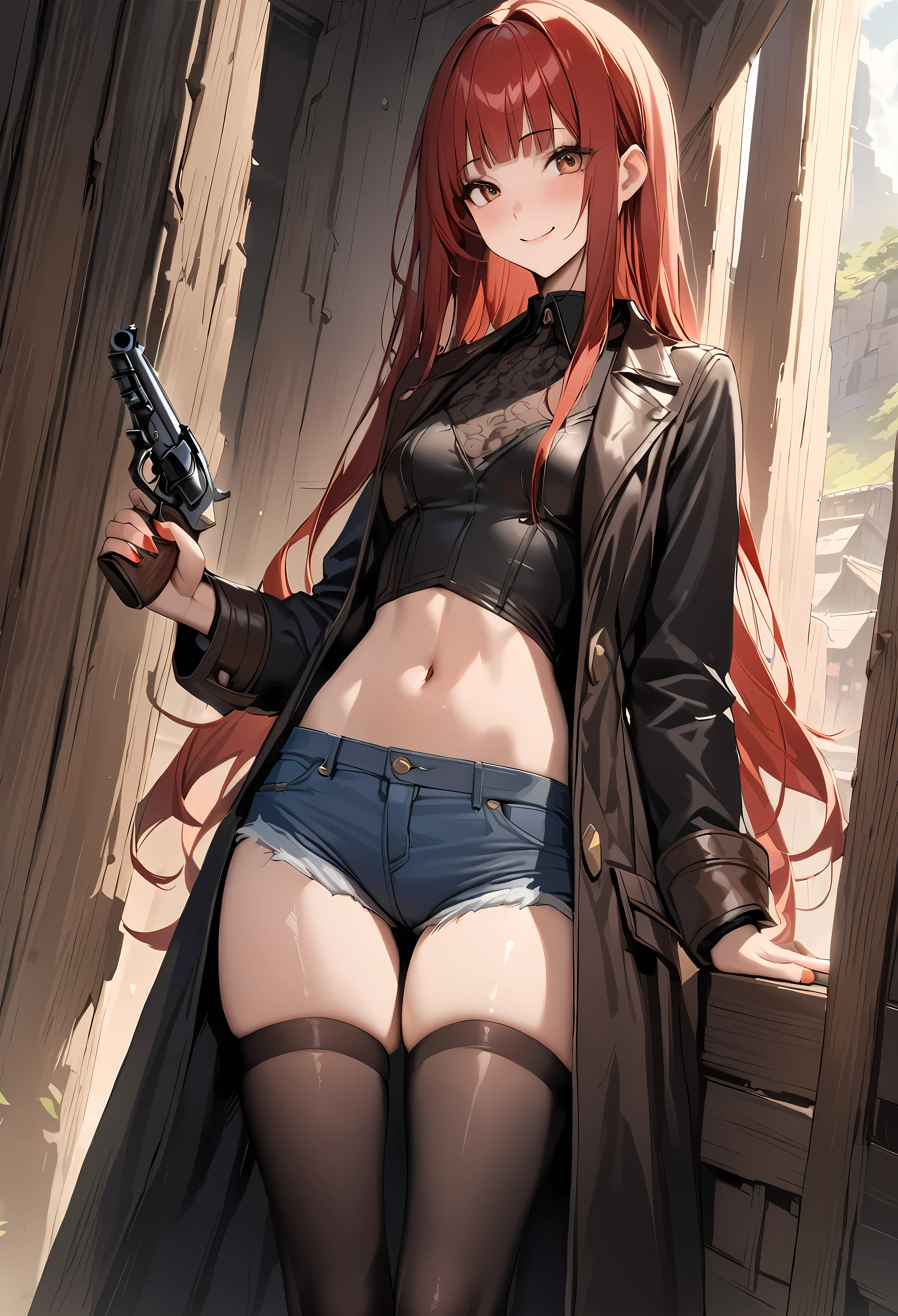 ((masterpiece,best quality anime,Highest quality:1.3)),realistic,cowboy shot,(25 year old beauty), gunslinger ,1woman,solo,((very small head:1.4)),((very long body:1.3)),red hair,bangs,straight long hair,gorgeous big eyes,brown eyes,smile,smile,(Black long coat、,navel、denim micro shorts、black_thighhighs),((slender body:1.3,skinny)),small breasts,gleaming skin,shiny skin,Holding a gun in hand、revolver、standing,wilderness、sunny、The World of Westerns、