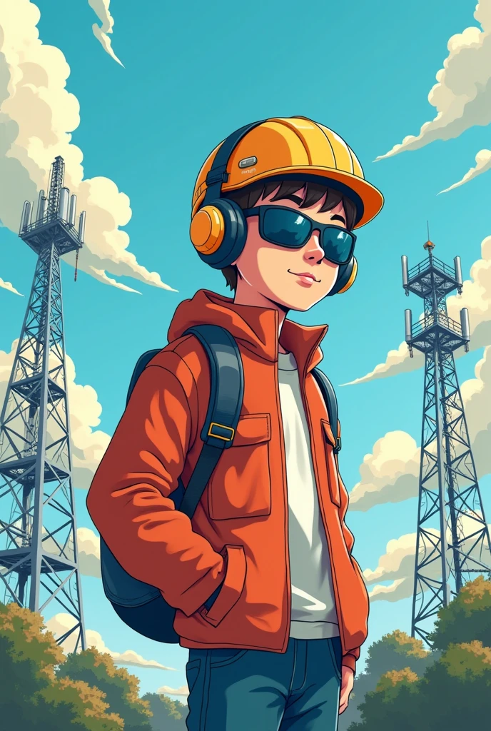 Cree une image d'un garcon en dessin anime,portant une lunette et un casque de protection,supposons qu'elle est un ingenieur en telecommunication,le fond de l'image est des  BTS avec des stations,resolution:paysage