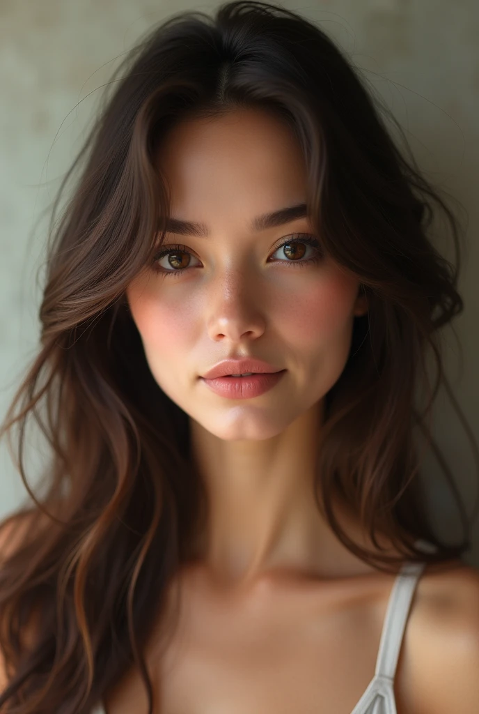 A very pretty skinny brunette with long hair, full lips and realistic brown eyes