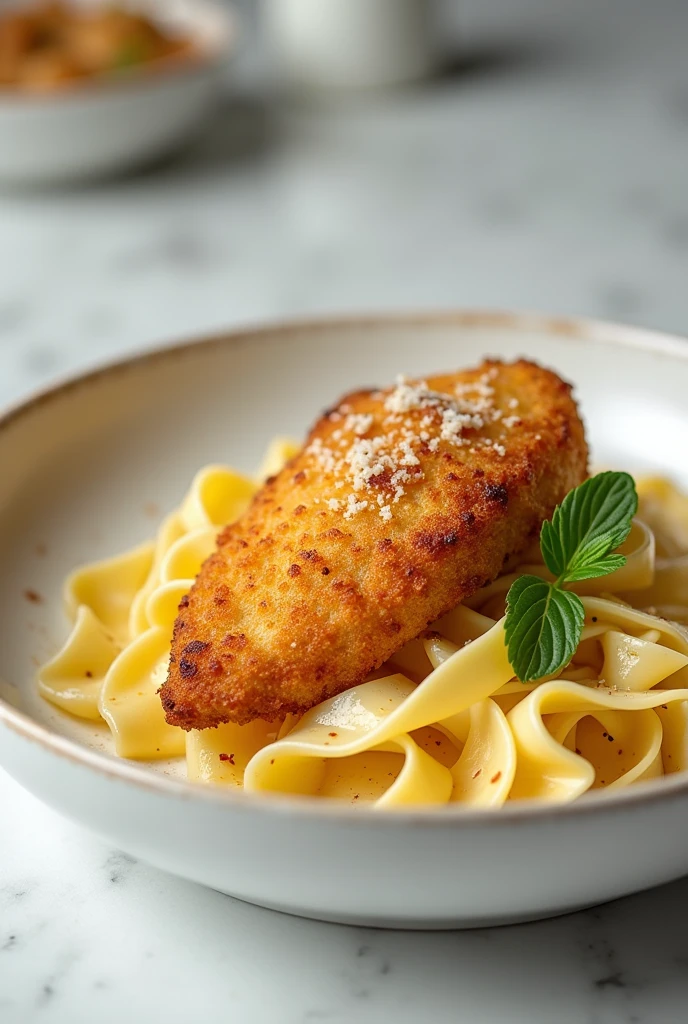 Photo for a restaurant menu of tagliatelle pasta with breaded chicken fillet